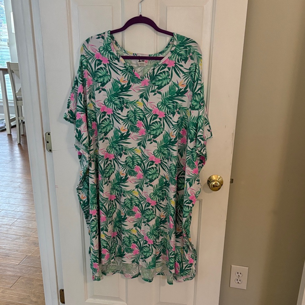 Tropical Palm Print V-Neck Tunic Dress - Green & Pink